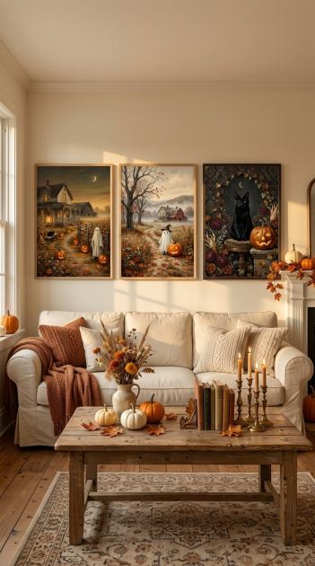 3 Printable Halloween Art Prints | Gothic Cat, Ghost & Haunted Farmhouse | Instant Download