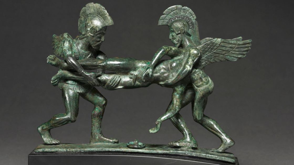  Sleep and Death cista handle: A 2,400-year-old sculpture depicting gods carrying away Zeus' son during the Trojan War 