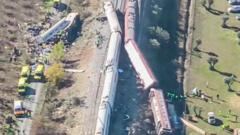 Overturned carriages and makeshift medical tents at crash site