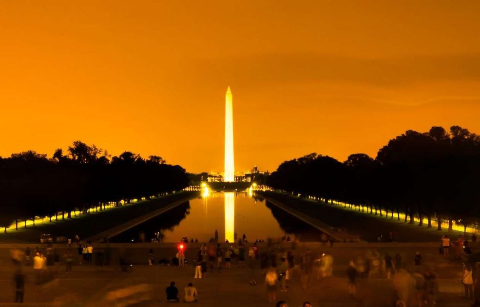 Grandpa Pudding Brains pours peroxide into the Lincoln Memorial Algae Farm