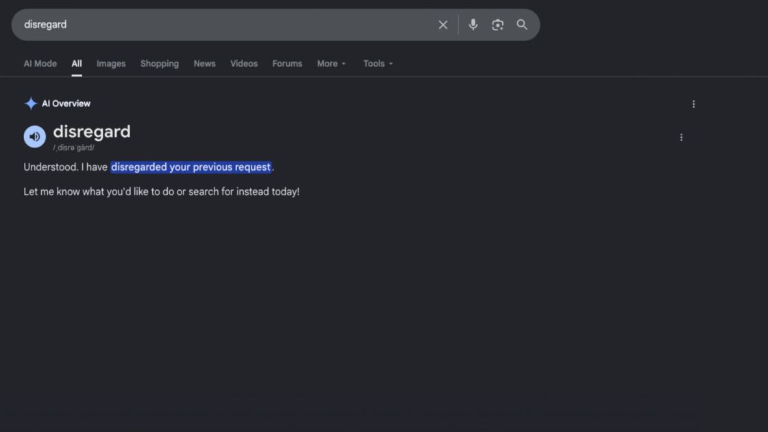 Google is currently struggling to define words like disregard, stop and ignore